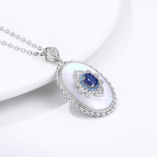 S925 Silver Inlaid Light Luxury Natural Sapphire Pendant Female Retro Design Natural Stone Necklace Natural Gemstone Necklace
